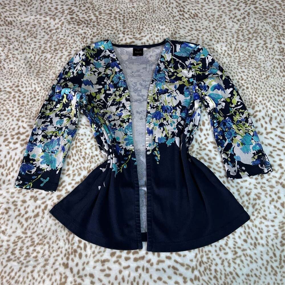 Rafaella Cardigan Size M Blue Floral Open Front Cotton Top